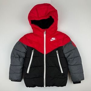 Nike Puffer Coat Kids Small Red Black Gray Windrunner Fleece Lined Hooded Jacket